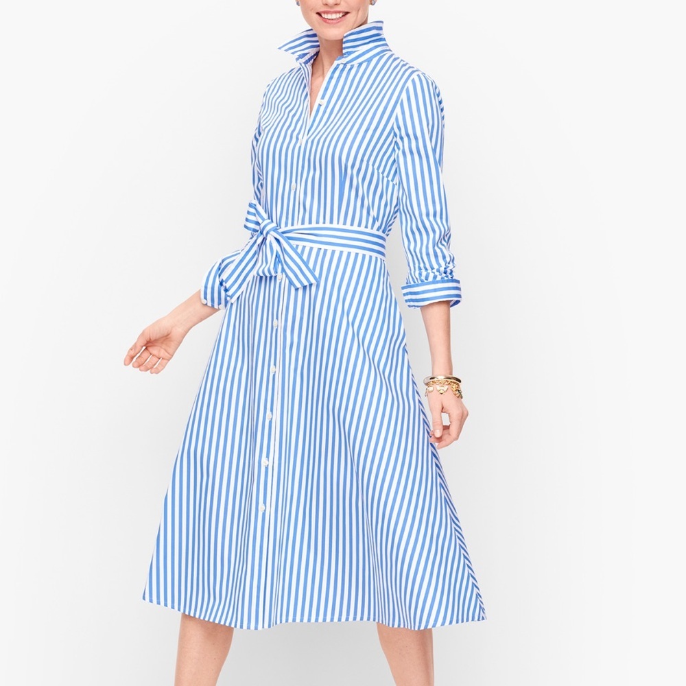 Talbots Classic Poplin Shirtdress- Blue and White Vertical Stripe Size 12 NWOT
